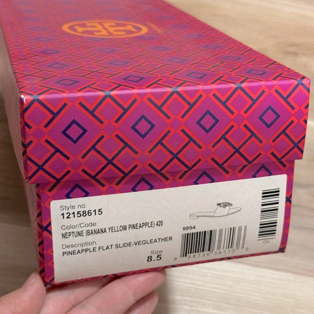 Rare Tory Burch Banana Yellow Neptune Pineapple Flat Slides Sandals 8.5M w/ Box